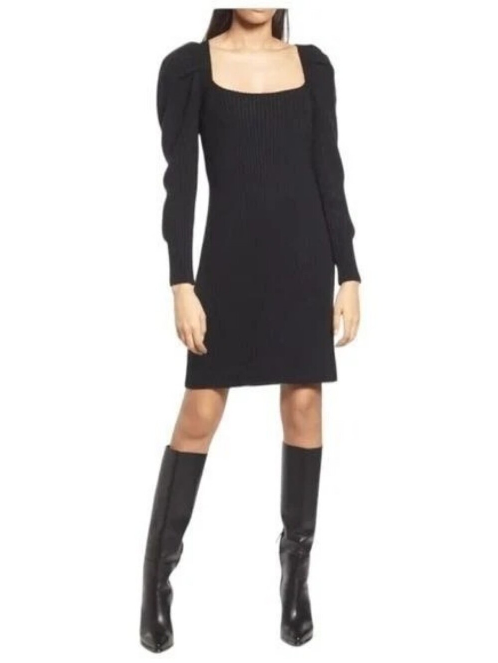 Express Long Sleeve Puff Shoulder Ribbed Knit Mini Dress Black Large